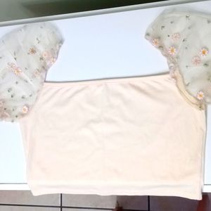 Yellow crop tee with floral mesh sleeves